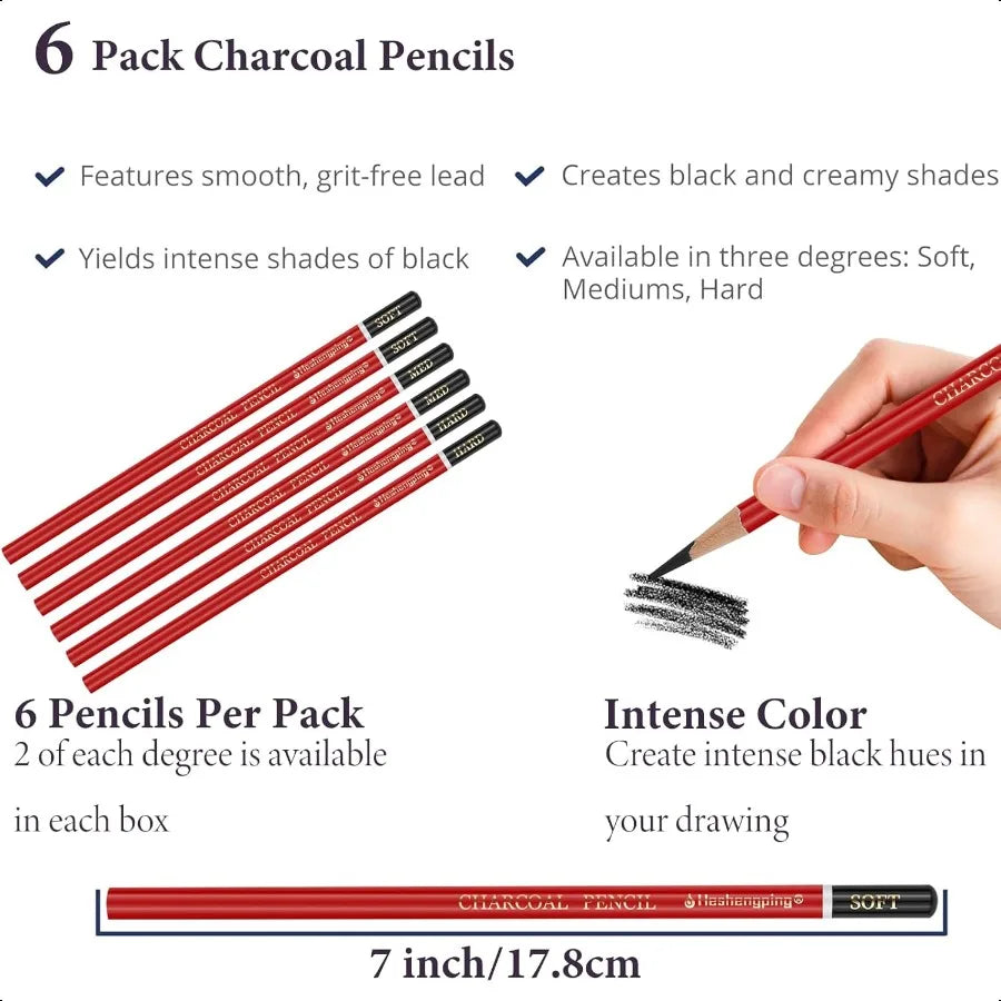 Profional Charcoal Pencils for drawing Set of 6 Black Charcoal Soft Medium Hard Art plies for Drawing Sketching