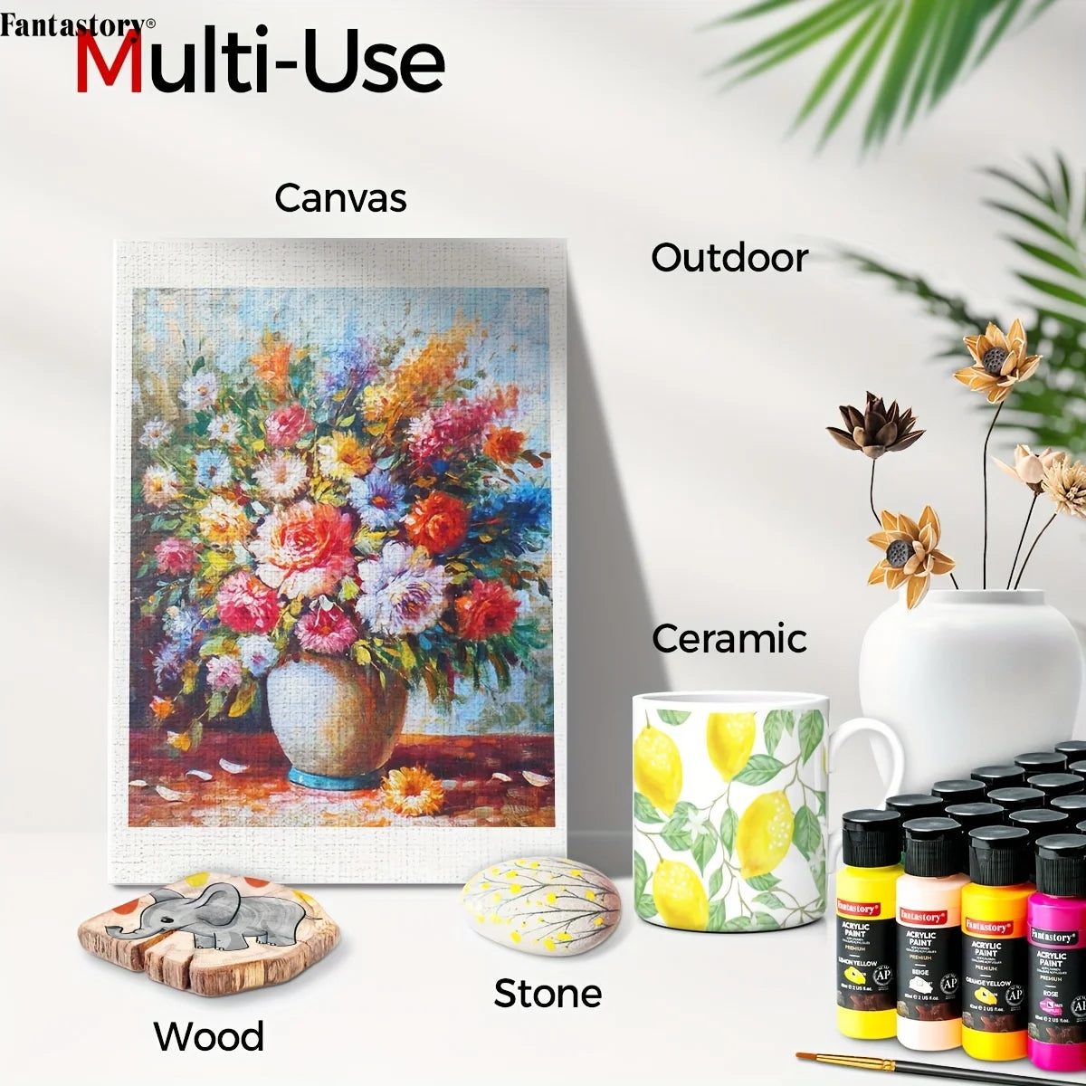 Fantastory 60ml Acrylic Paint Set, Professional Craft Paint With 12 Brushes, Glass/Stone/Wood Painting