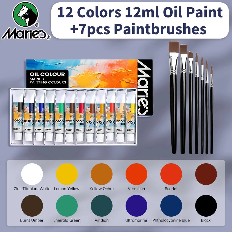 19 pcs Marie's Oil Paint Kit, 12ml/0.42oz Oil-Based Pigment & 7pcs Brushes, Professional Art Supplies Set