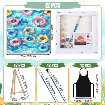 12 Sets Framed Paint by Number Kit for Adults with 12 Wooden Easels, 12 Disposable Apron, 12 Pigment 12 Brush, 12 Palette