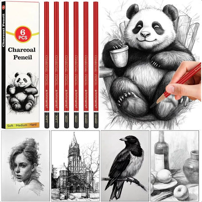 Profional Charcoal Pencils for drawing Set of 6 Black Charcoal Soft Medium Hard Art plies for Drawing Sketching
