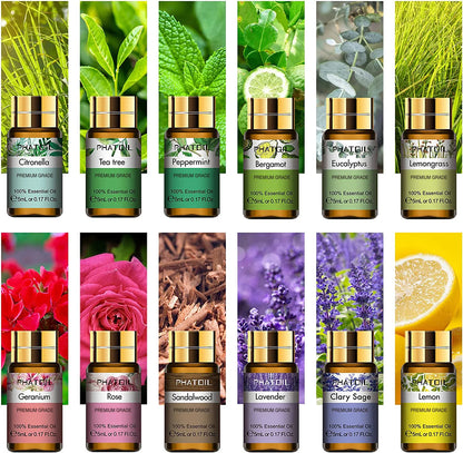 PHATOIL 12pcs Pure Essential Oils Lavender Lemongrass Rose Lemon Geranium Tea tree