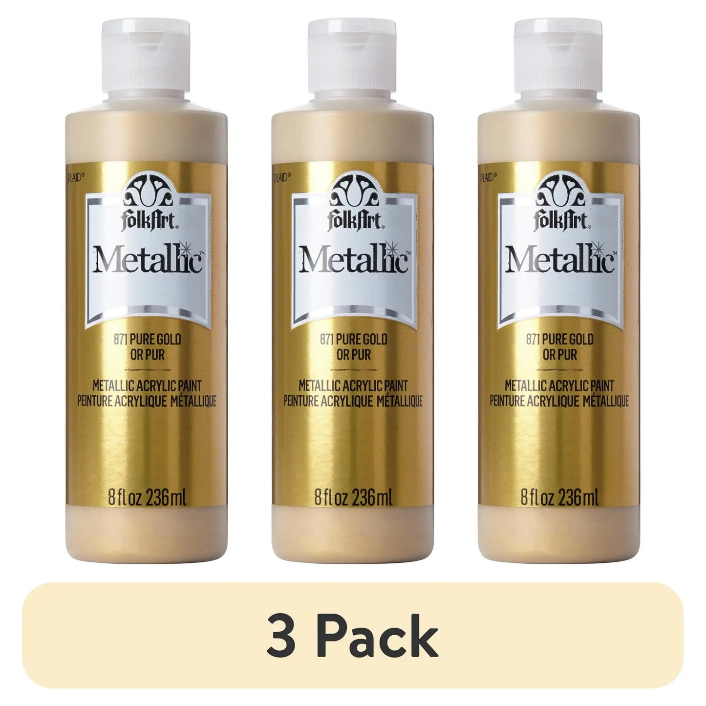 (3 pack) FolkArt Metallic Acrylic Craft Paint, Metallic Finish, Pure Gold, 8 fl oz