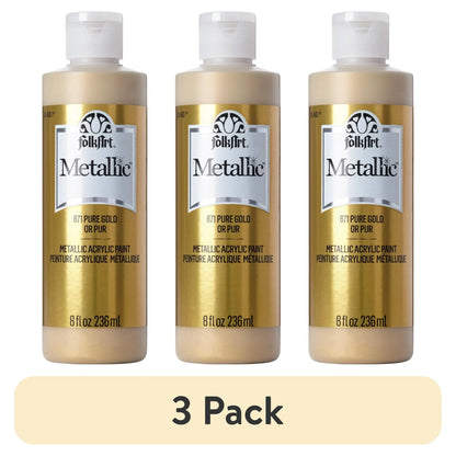 (3 pack) FolkArt Metallic Acrylic Craft Paint, Metallic Finish, Pure Gold, 8 fl oz