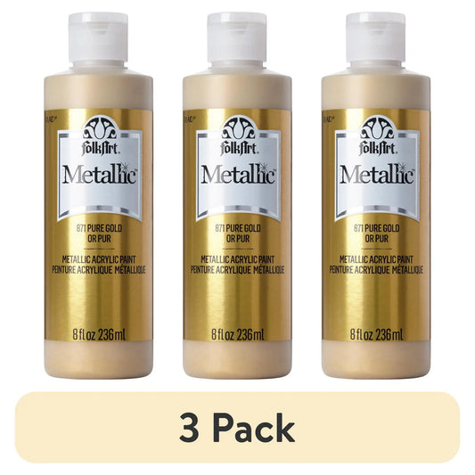 (3 pack) FolkArt Metallic Acrylic Craft Paint, Metallic Finish, Pure Gold, 8 fl oz