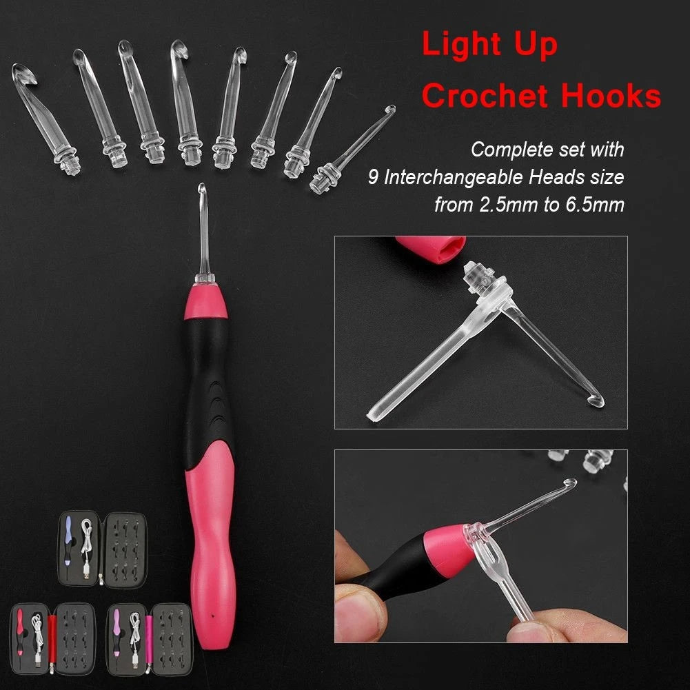 9 in 1 USB Light Up Crochet Hooks Handmade Knitting Needles LED Sewing Tools Set
