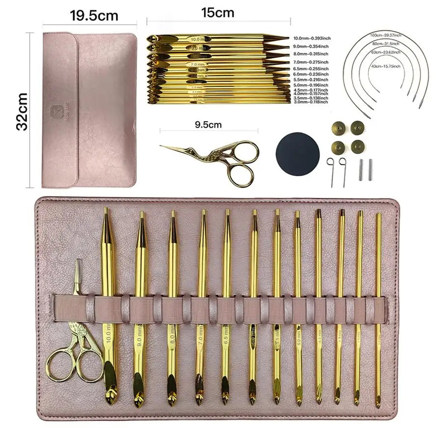 Tunisian Crochet Hooks Set with Cable, 12Pcs GoldPlated Aluminium Interchangeable Afghan Tunisian Crochet Hook 3mm10mm