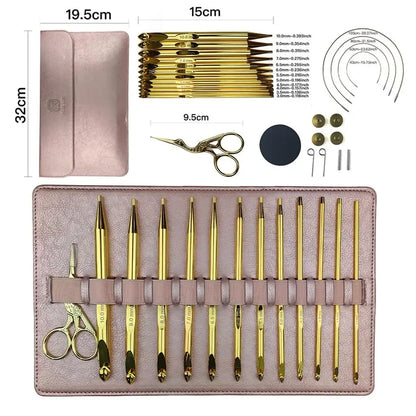 Tunisian Crochet Hooks Set with Cable, 12Pcs GoldPlated Aluminium Interchangeable Afghan Tunisian Crochet Hook 3mm10mm