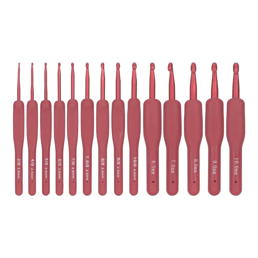 14pc Red Knitting & Weaving Tool Set, TPR Silicone Aluminum Crochet Hooks
