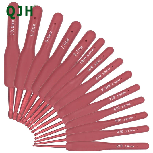 14pc Red Knitting & Weaving Tool Set, TPR Silicone Aluminum Crochet Hooks