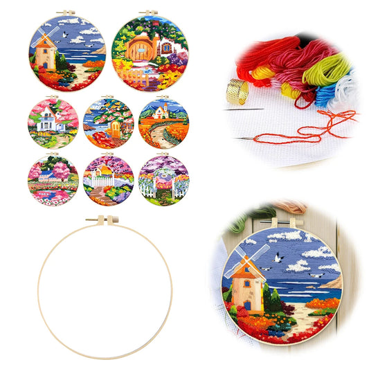 Landscape Stamped Cross Stitch Embroidery Kits with Hoop Cloth Color Thread