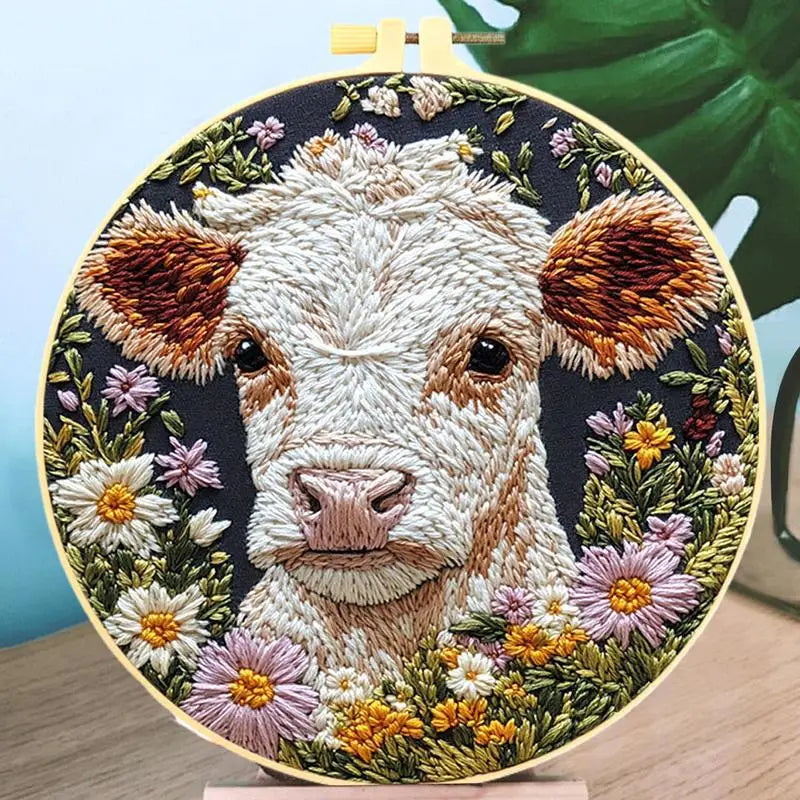 Beginner Embroidery Kit Cow Daisy Flower Embroidery Punch Needle Kit Colorful Handmade Craft Set Includes Embroidery Hoop Cloth