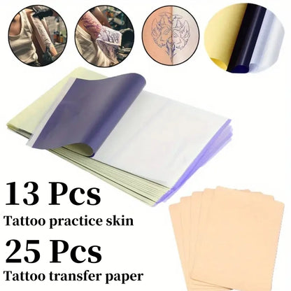 38pcs Tattoo Kit 13pcs Tattoo Skin Practice And 25pcs Transfer Paper Set Double Sides Tattoo Training Skin