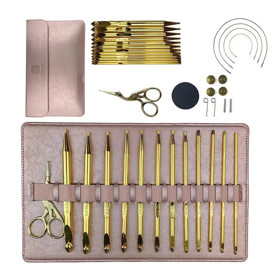 Tunisian Crochet Hooks Set with Cable, 12Pcs GoldPlated Aluminium Interchangeable Afghan Tunisian Crochet Hook 3mm10mm