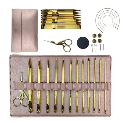 Tunisian Crochet Hooks Set with Cable, 12Pcs GoldPlated Aluminium Interchangeable Afghan Tunisian Crochet Hook 3mm10mm