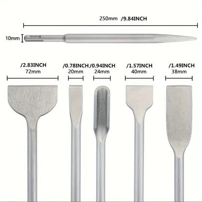6-piece carbide chisel set with SDS Plus handle - precision cutting, tile slotting and peeling - Durable 40Cr