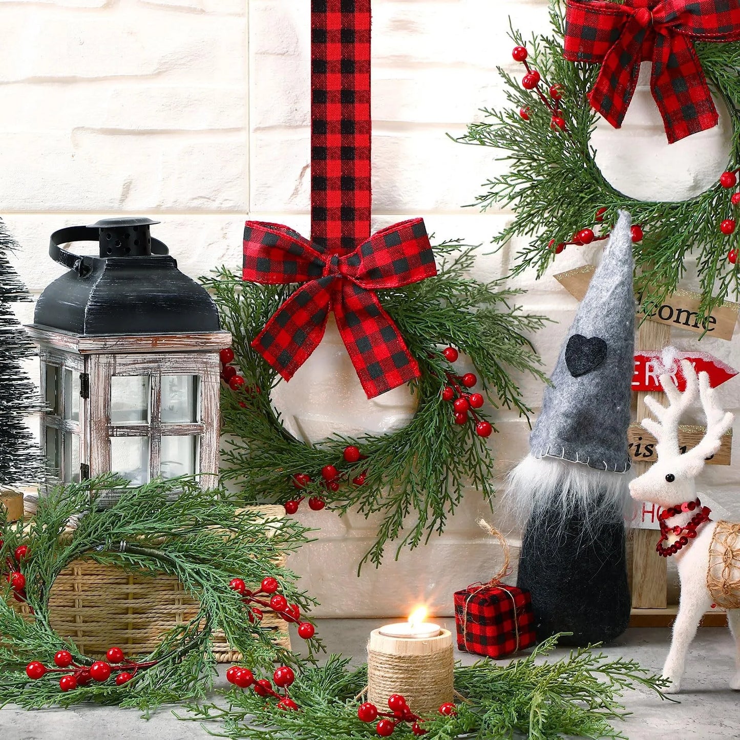 6pcs Holiday Decoration Red Plaid Ribbon Wreath Christmas Door Hanging Green Branch Wreath Set Red Berry