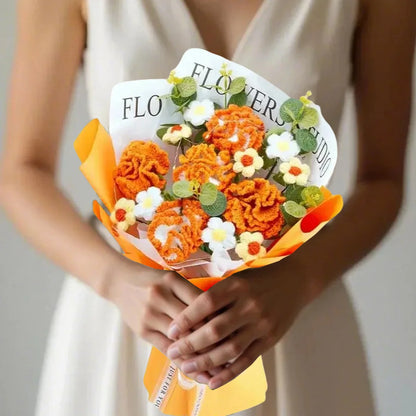 Crochet Flowers Bouquet, Eternal Carnation with Eucalyptus Leaves Artificial Handmade Knitted Bouquet