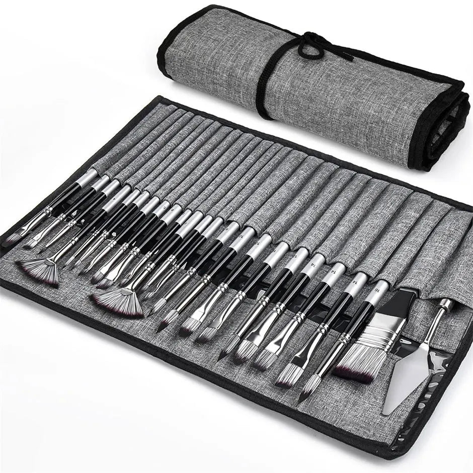 Professional 24-Piece Artist Paint Brush Set - Assorted Flat, Round, Fan & Detail Brushes with Premium Soft Bristles, Wooden Han