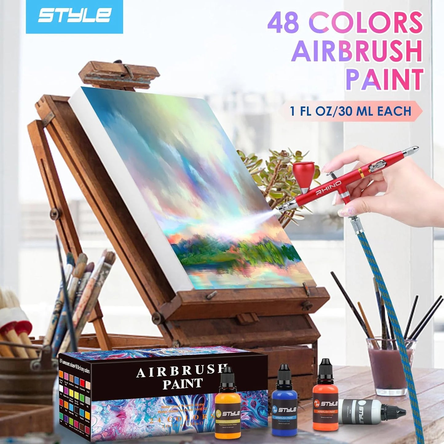 48 Colors Airbrush Paint Set 1fl oz, Opaque & Brilliant Colors, Leather & Shoe Acrylic Kit Ready to Spray