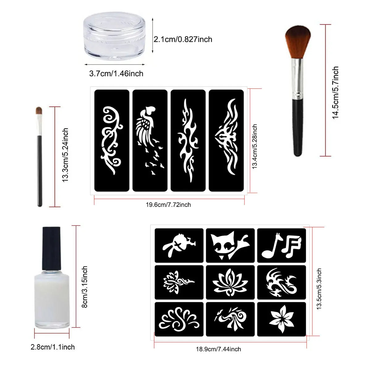 Temporary Glitter Tattoo Set, 12 Fun Colors for Body Painting, with 8 Unique Template Designs and Applicator Brushes, Easy to Apply and Remove, Qla-Zh012