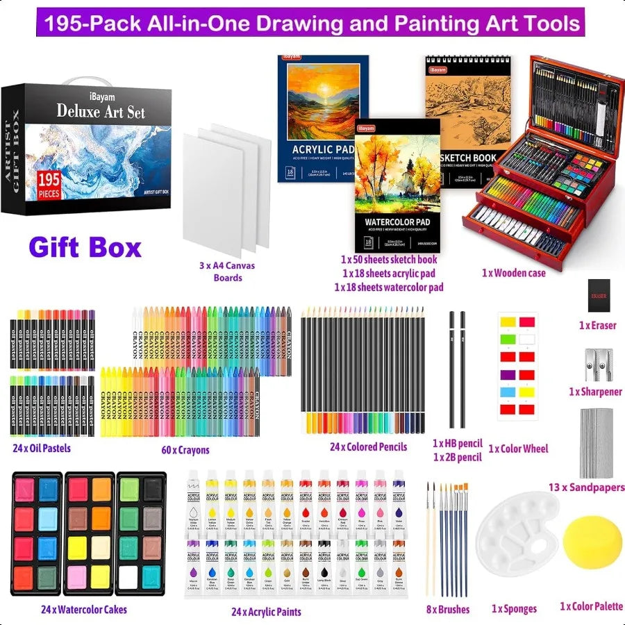 Art plies 195 Pack Art Set Drawing Kit Painting Kit Art Paint Set with Acrylic