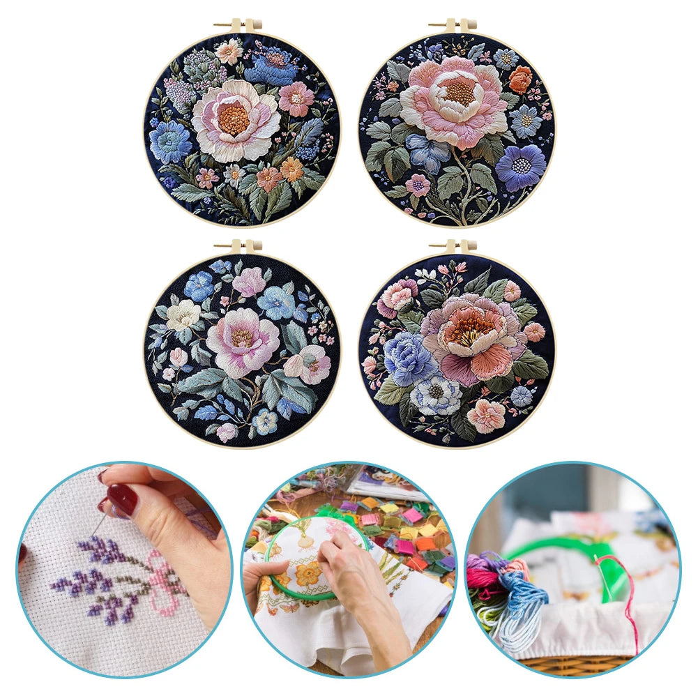 Flower Stamped Cross Stitch Embroidery Kits with Hoop Cloth Color Thread