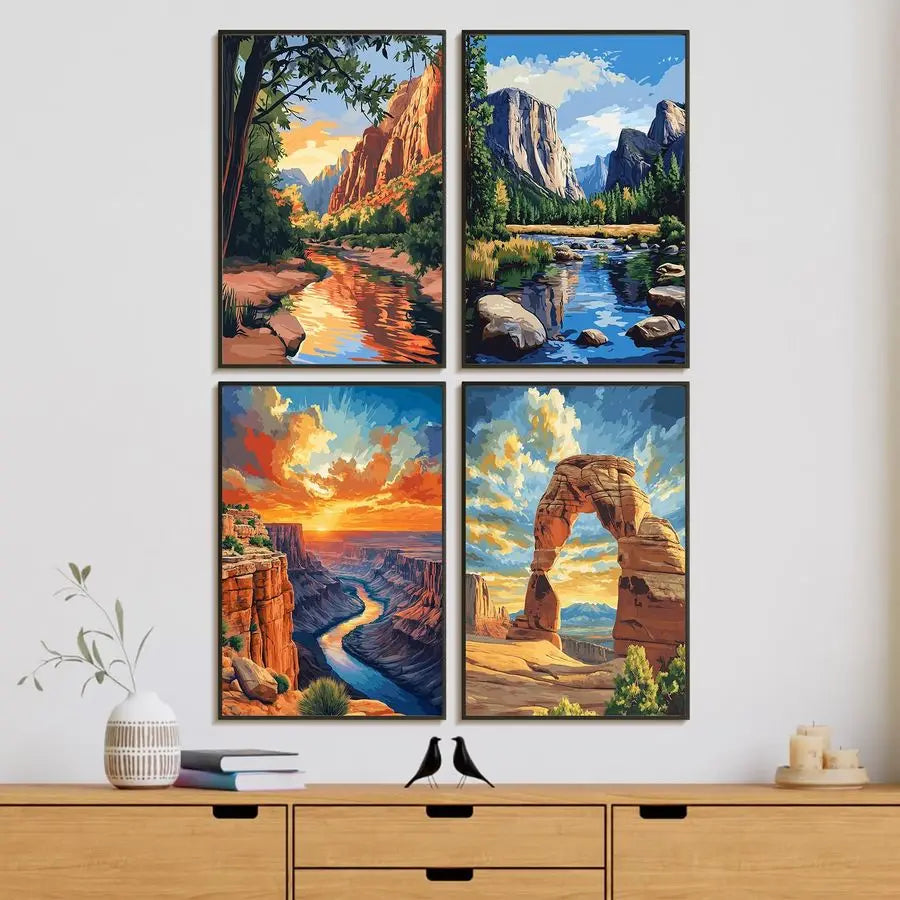 Pack Framed Paint by Numbers Kit with Wooden Easel, National Park with Frame, DIY Acrylic