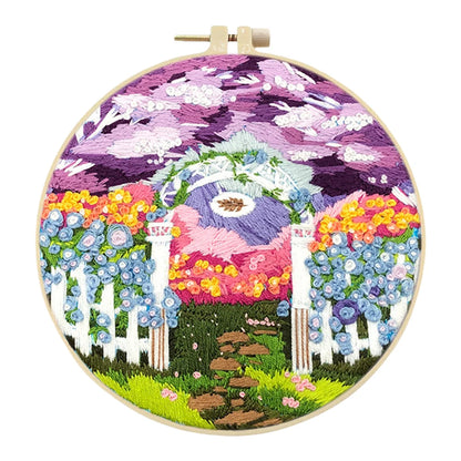 Landscape Stamped Cross Stitch Embroidery Kits with Hoop Cloth Color Thread