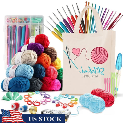 Crochet Craft Kit Beginners Premium Yarn Bundle with 15 Colors 75 Yards Each 21 Hooks Accessories Organizer Tote Bag