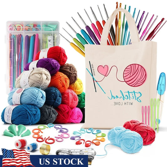 Crochet Craft Kit Beginners Premium Yarn Bundle with 15 Colors 75 Yards Each 21 Hooks Accessories Organizer Tote Bag