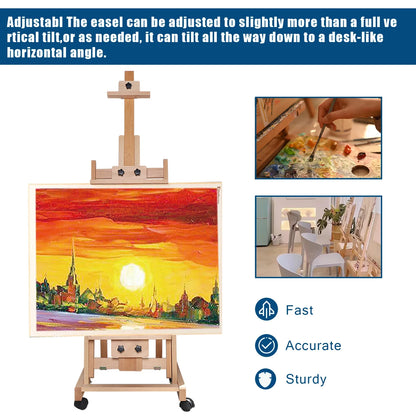 Sketch Easel Flat Standing Dual-Purpose, Large Heavy-Duty Studio Artist Easel H-Frame Wood