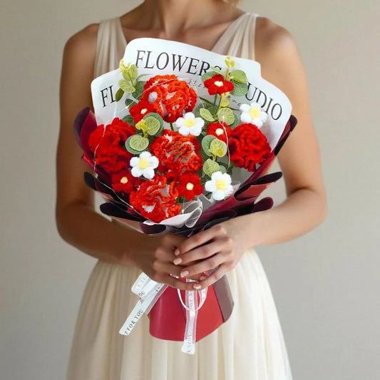 Crochet Flowers Bouquet, Eternal Carnation with Eucalyptus Leaves Artificial Handmade Knitted Bouquet