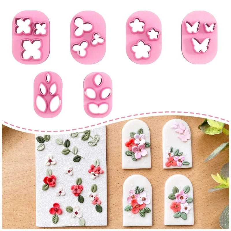 Plant Series and Mini Butterflies Shape Soft Pottery Polymer Mold Bohemian Clay Cutter Handmade Set of Embossed Cutting Mold