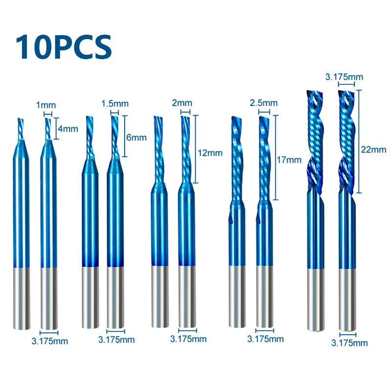XCAN Single Flute Spiral Milling Cutter Set 1-3.175mm 10Pcs Shank CNC End for Wood MDF PVC