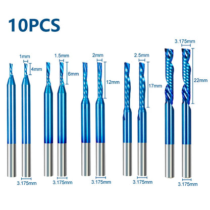 XCAN Single Flute Spiral Milling Cutter Set 1-3.175mm 10Pcs Shank CNC End for Wood MDF PVC
