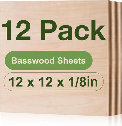 Robotime 12-Pack 3mm Basswood 12 x 12 x 1/8 Inch Craft Wood A/A Grade Sheets Plywood for Laser Cutting