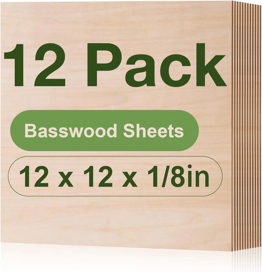 Robotime 12-Pack 3mm Basswood 12 x 12 x 1/8 Inch Craft Wood A/A Grade Sheets Plywood for Laser Cutting
