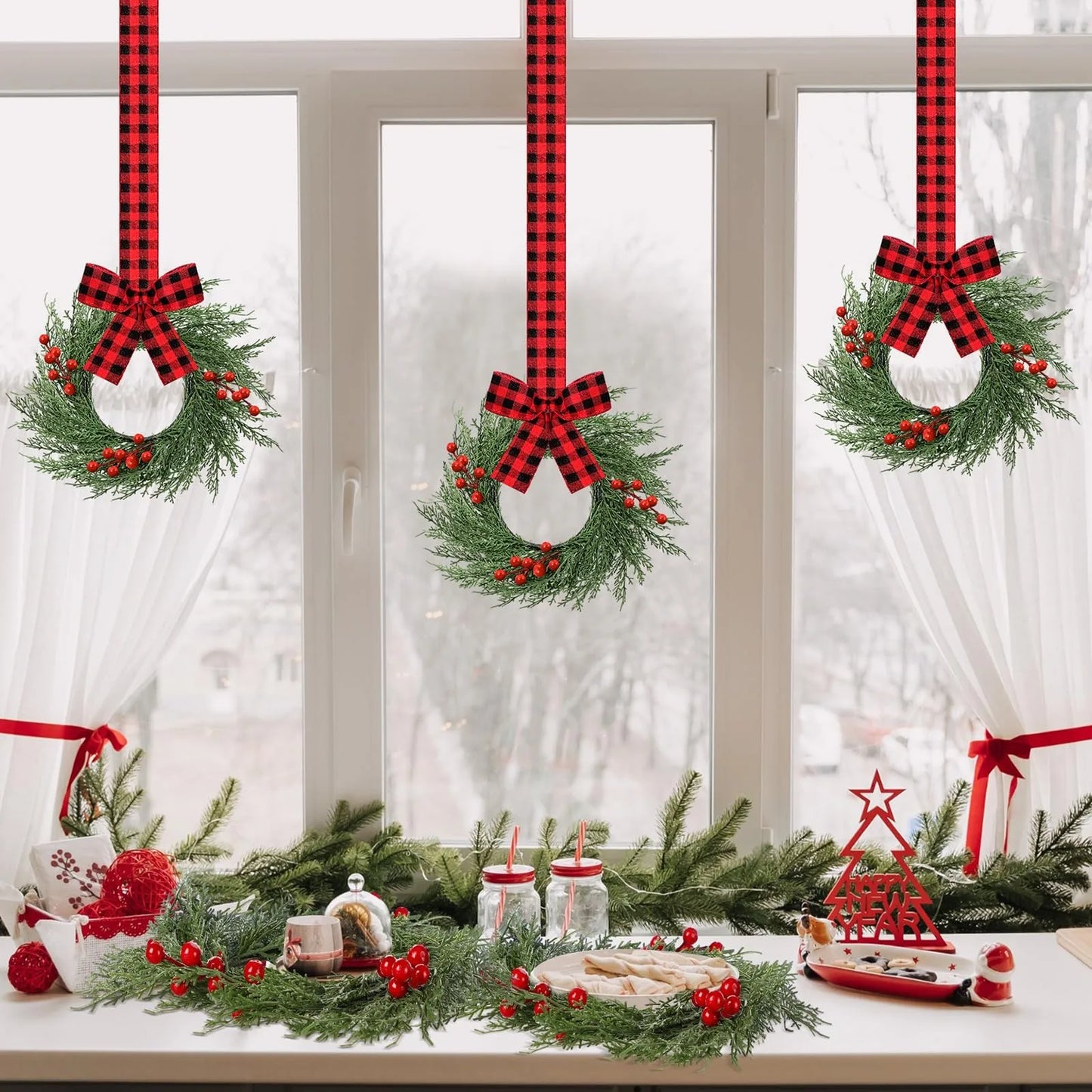 6pcs Holiday Decoration Red Plaid Ribbon Wreath Christmas Door Hanging Green Branch Wreath Set Red Berry
