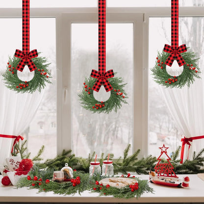 6pcs Holiday Decoration Red Plaid Ribbon Wreath Christmas Door Hanging Green Branch Wreath Set Red Berry