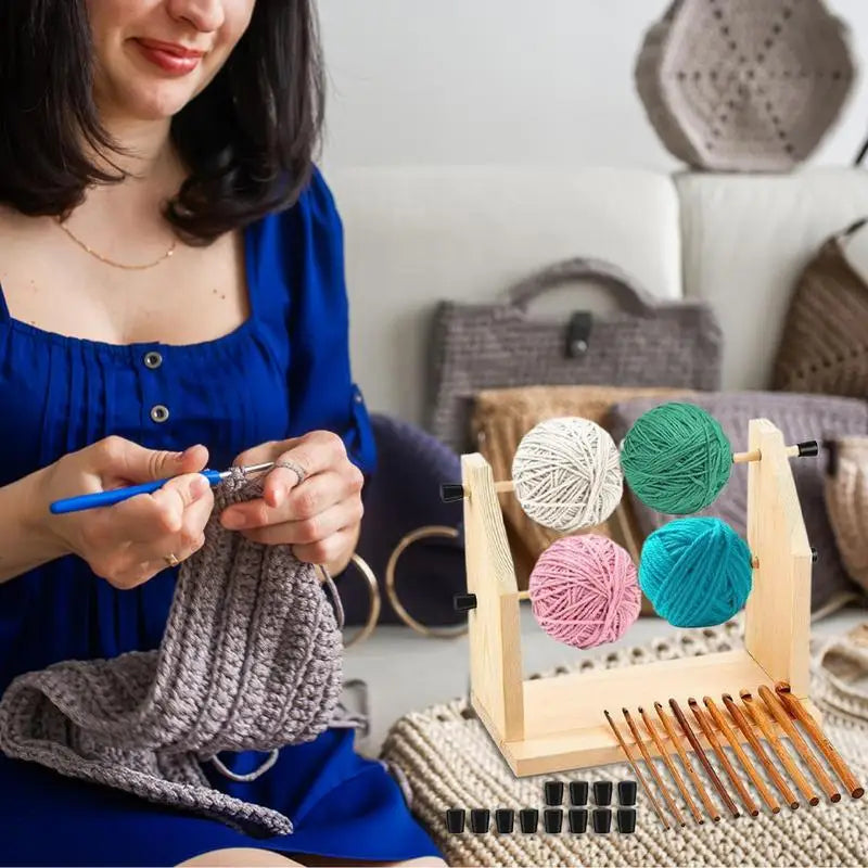 Yarn Holder Dispenser Wood Crochet Spool Holder Double-Rotating Portable Yarn Storage