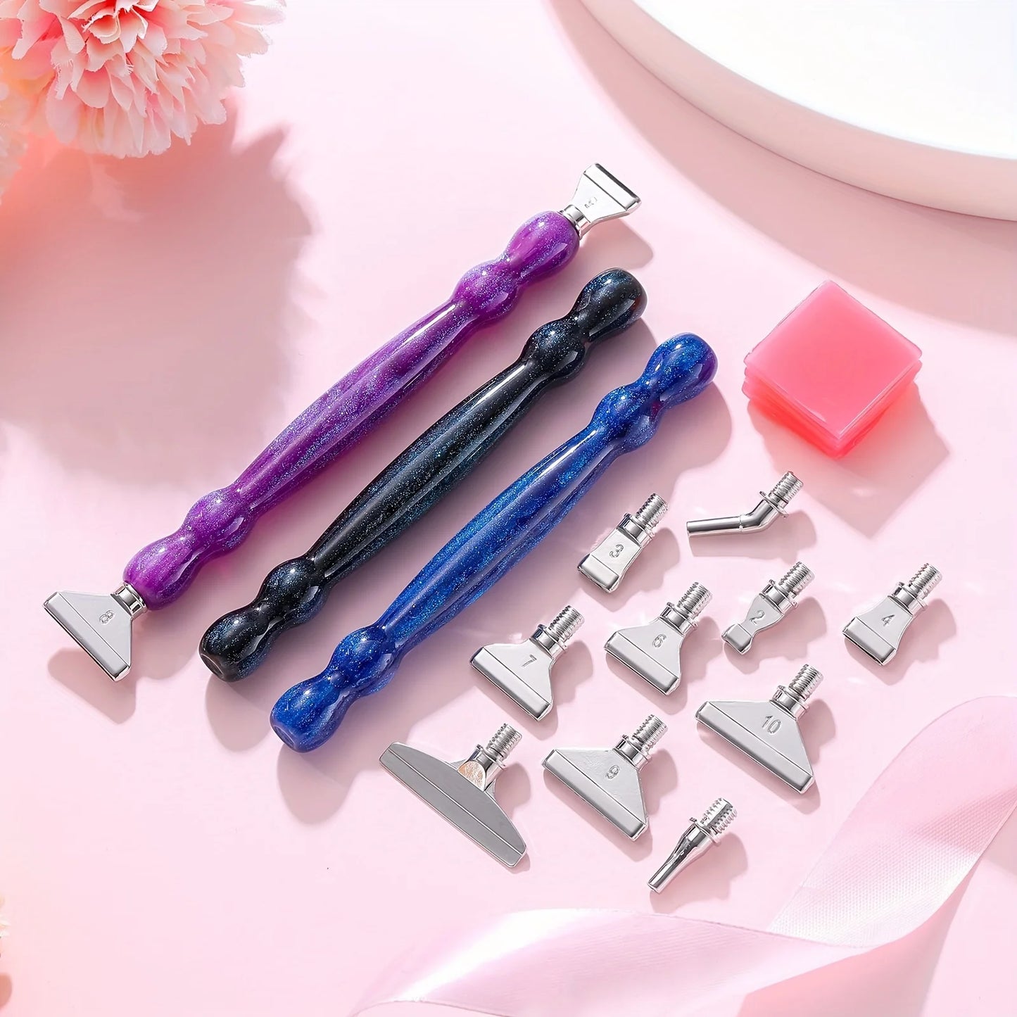 Glitter Gourd Shaped Plastic Pen Metal Drill Bits,6pcs Red Glue,1pc Plastic Box Threaded Diamond Painting Dot Drill Tool Set