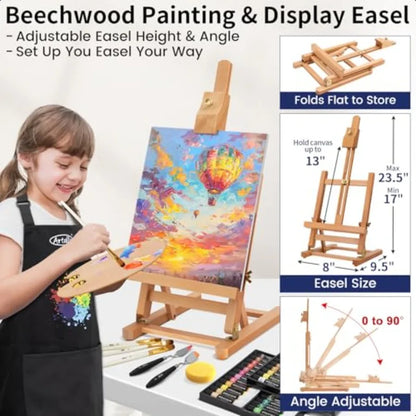 86Piece Acrylic Painting Kit with Tabletop Easel 48 Colors Set Paint Brush Set Case Brush Basin Art Apron
