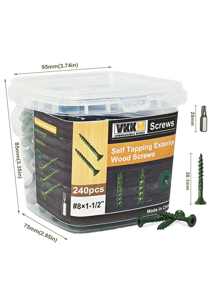 Deck Wood Screws Carbon Steel Green Anti Rust Coating TORX Star Drive Threaded - Free T25  (3 Sizes: #10x3", 8x1.5", 8x2" )