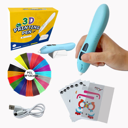 CRH Super Low Tem 3D Printing Pen - Includes 3D Pen, 12 Colors of PCL Filament Refill with Stencil Guide and User Manual, Blue