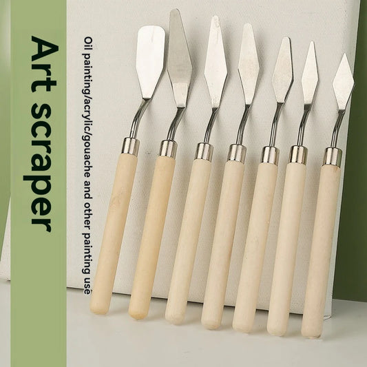 Art Oil Painting Scraper Wooden Flat Head Stainless Steel Pick Knife Gouache Paint Pointed Color Mixing Spatula