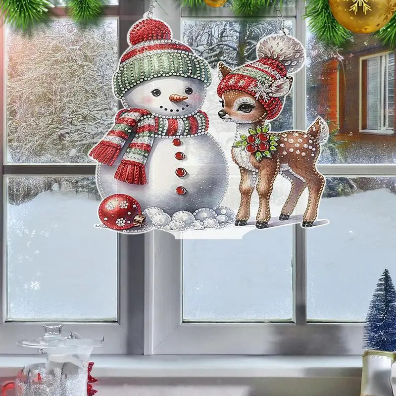 5D Rhinestone Painting Kit Christmas Snowman Themed Gem Paint Pendant With Chain