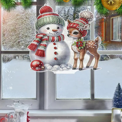 5D Rhinestone Painting Kit Christmas Snowman Themed Gem Paint Pendant With Chain
