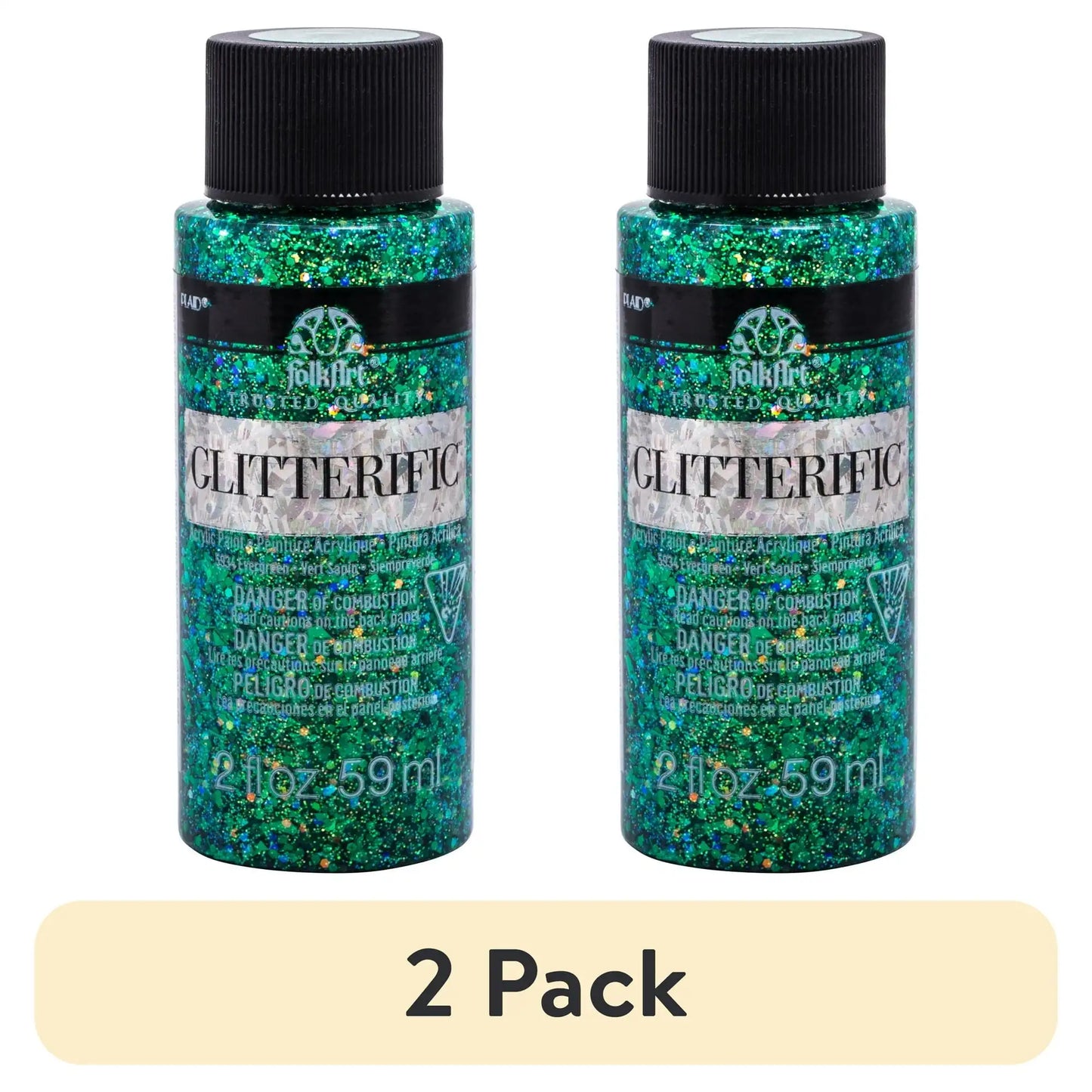 (2 pack) FolkArt Glitterific Acrylic Craft Paint, Glitter Finish, Evergreen, 2 fl oz