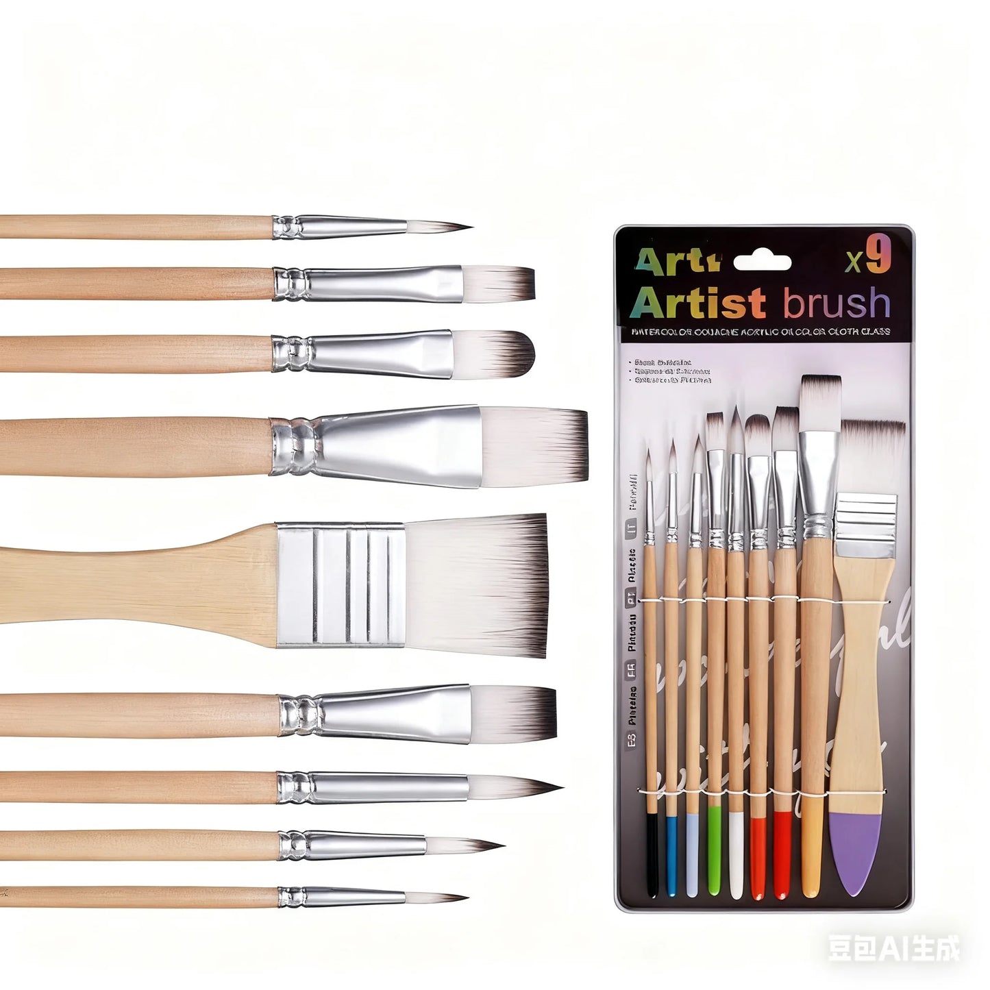 Beginner Brush Set - 9pcs Nylon Hair for Watercolor Acrylic Oil Painting